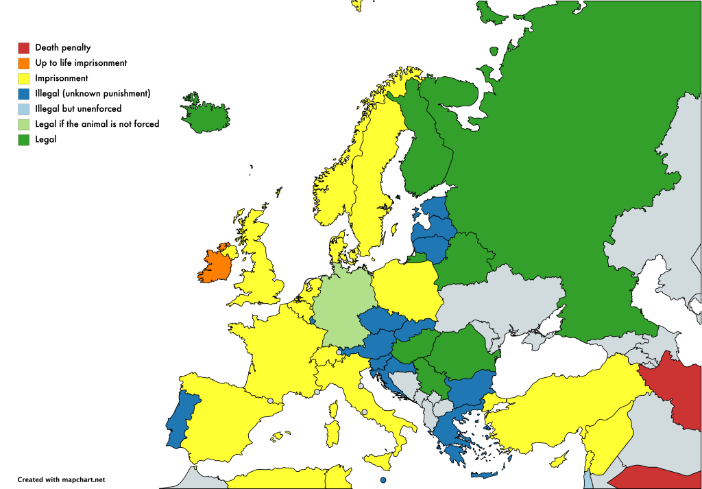 Map of legality of bestiality in Europe. Beware! This is a Wikipedia map, but still more or less right... LOOK AT GERMANY: Illegal if the animal is not forced... 