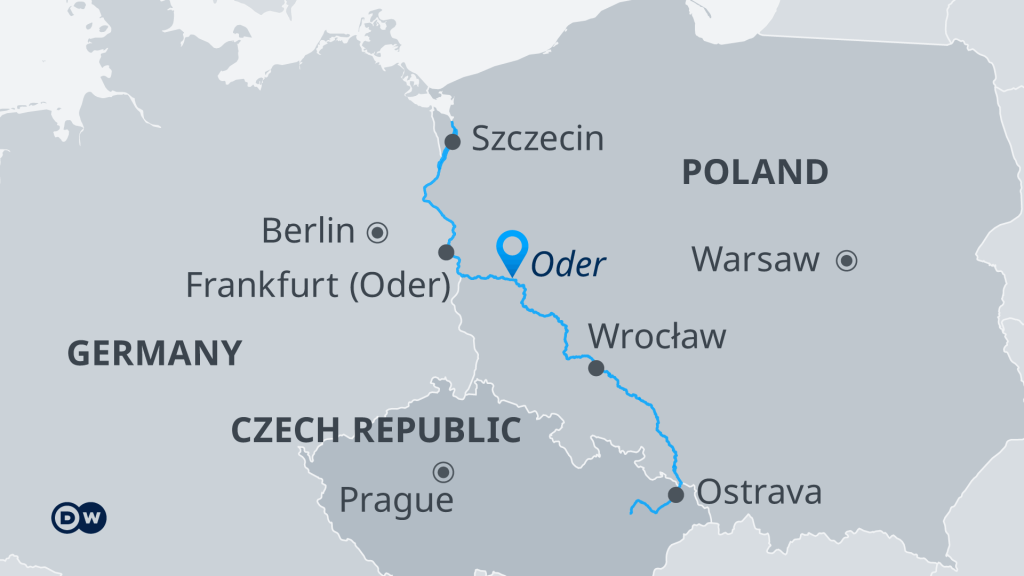 Map of the River Oder, Oder river mass fish killing August 2022 Poland