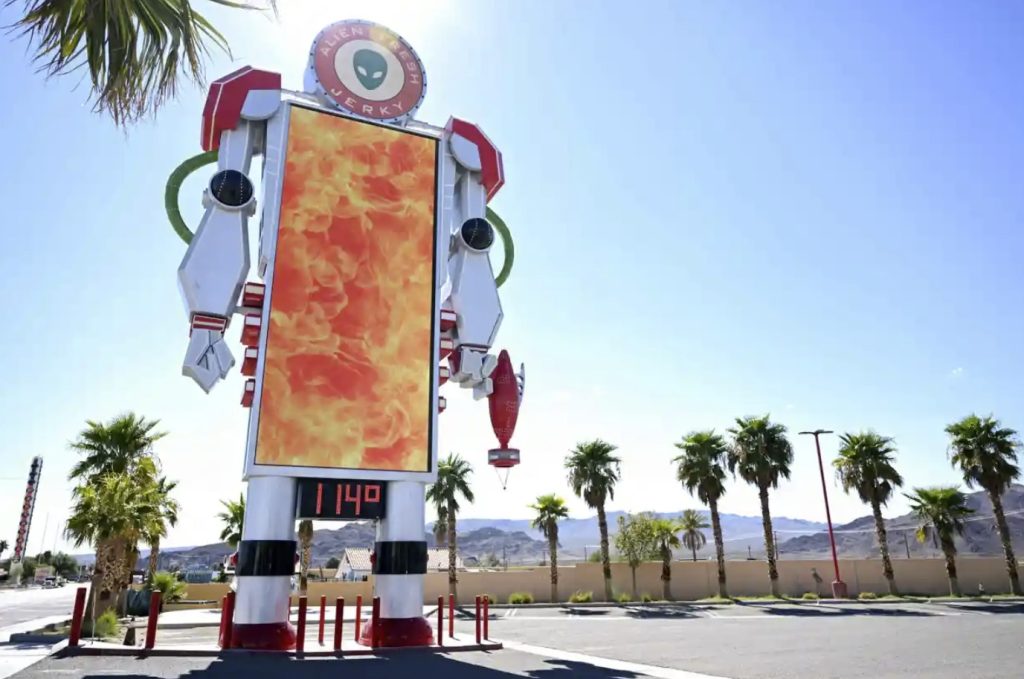 Alien thermometer in Baker, California, near Death Valley, shows a temperature of 114F (45C)