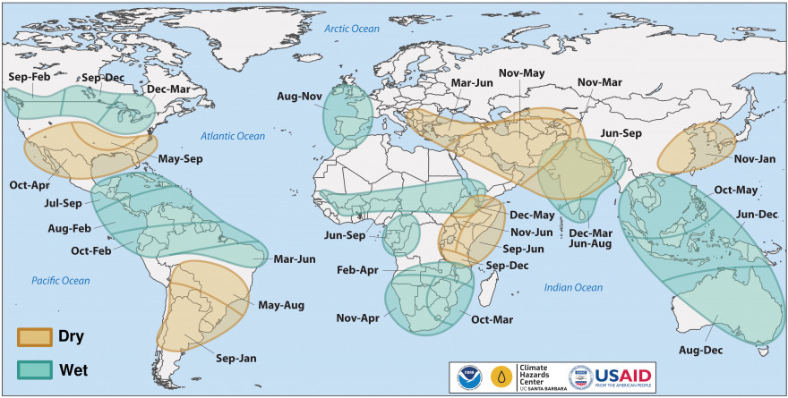La Niña is related to increases in the likelihood of above- and below-average precipitation over many regions of the globe (Fig. 2). These changes in precipitation likelihoods occur during certain times of the year. Over sub-Saharan Africa, primary rainfall seasons with wet conditions are in the central and eastern Sahel (June-September) and in Southern Africa (October-May). Dry conditions are most likely over the Greater Horn of Africa during the September-December and March-May rainy seasons. Over Central Asia, dry conditions are most likely during the winter and spring precipitation seasons. In northern Central America and the Caribbean the likelihood of wet conditions increases during July-September.