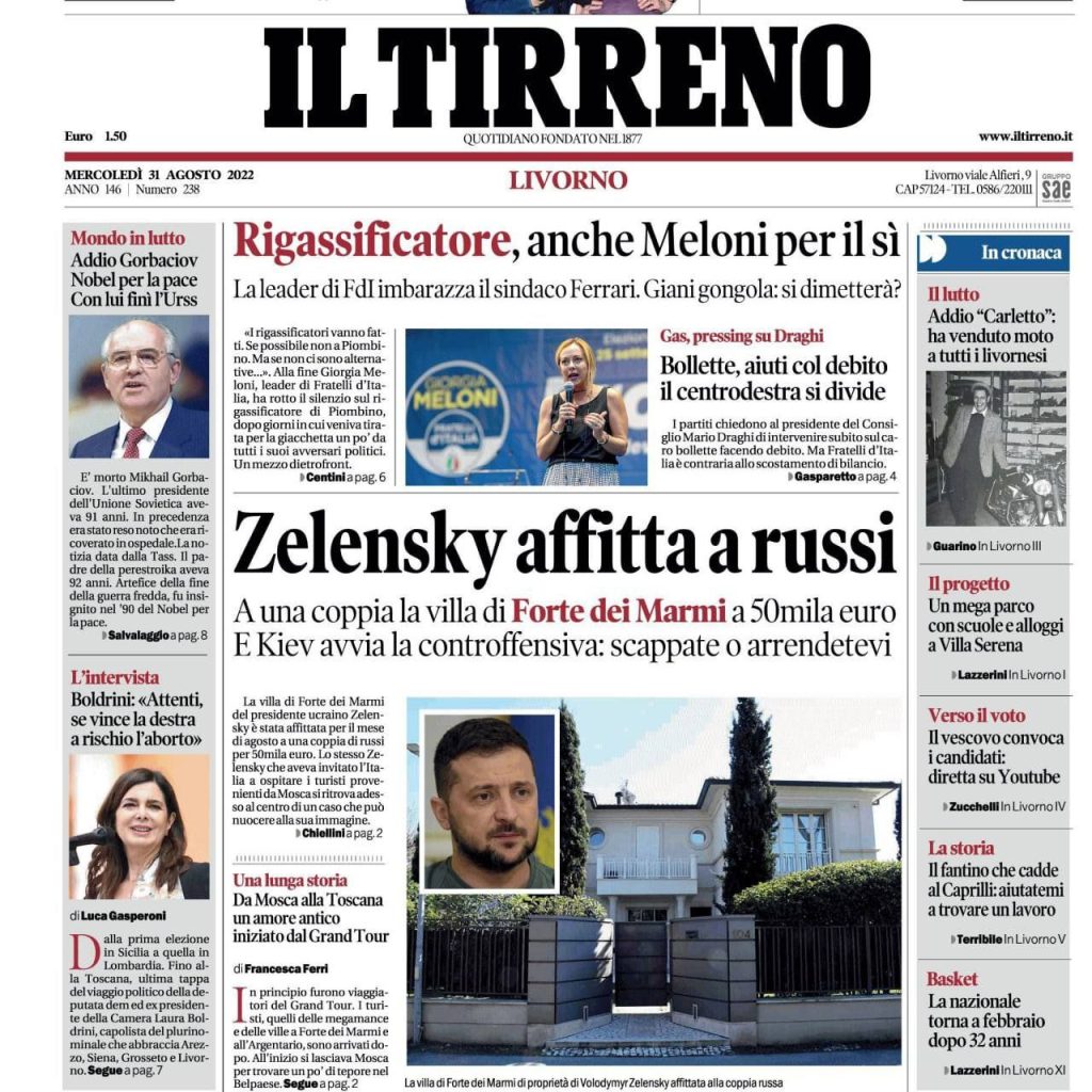 Major Italian newspaper reports Zelenskiy rent his Italian luxury villa to a Russian couple from London