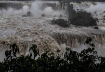 Iguazu, among the world's biggest waterfalls, has nearly 10 times the usual water volume after heavy rains in southern Brazil.