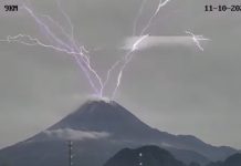 Lightnings spewing from the crater of the Merapi volcano in Indonesia