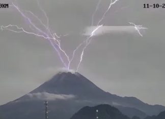 Lightnings spewing from the crater of the Merapi volcano in Indonesia
