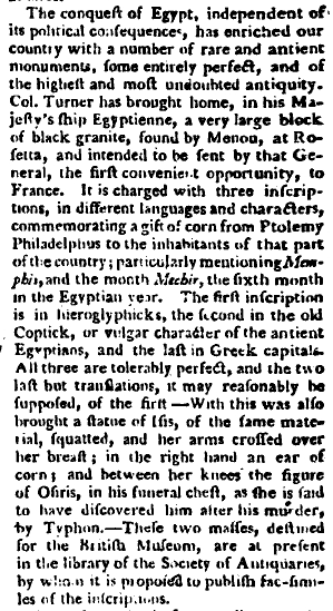 Report of the arrival of the Rosetta Stone in England in The Gentleman's Magazine, 1802