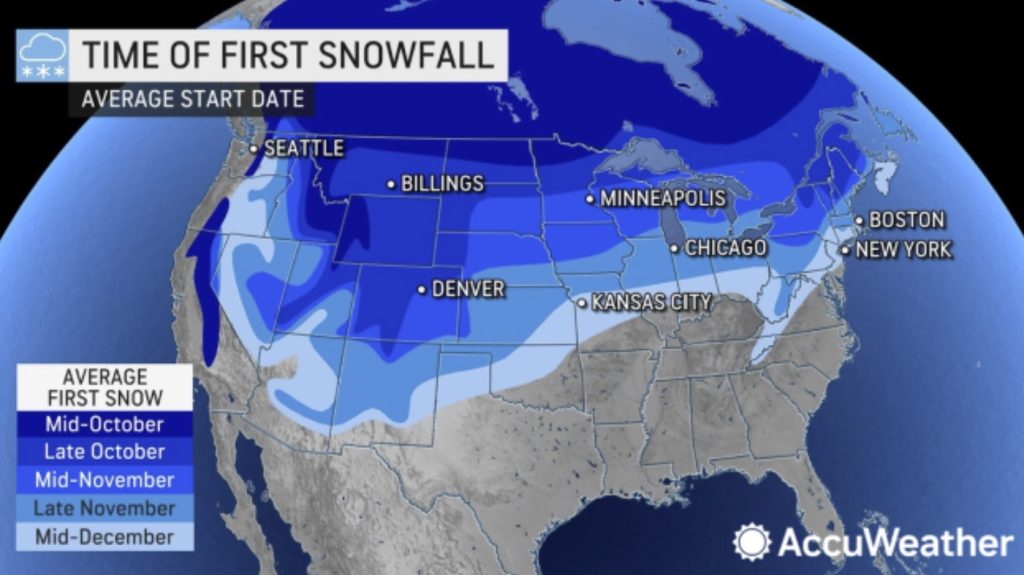 Time of first snow fall map USA