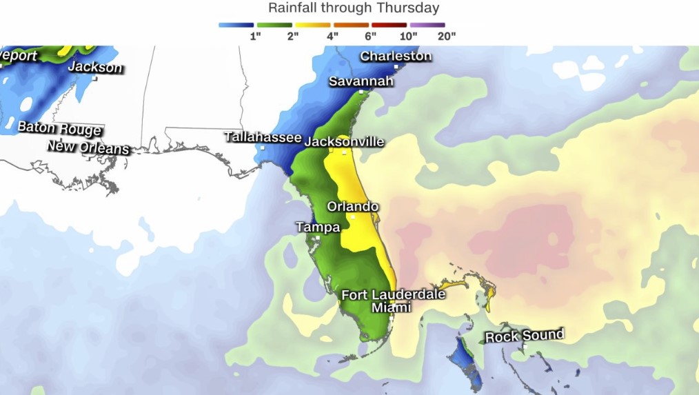 These weather forecast models are showing at least 3 to 6 inches of rainfall across the Florida peninsula through Thursday, with isolated higher amounts possible.
