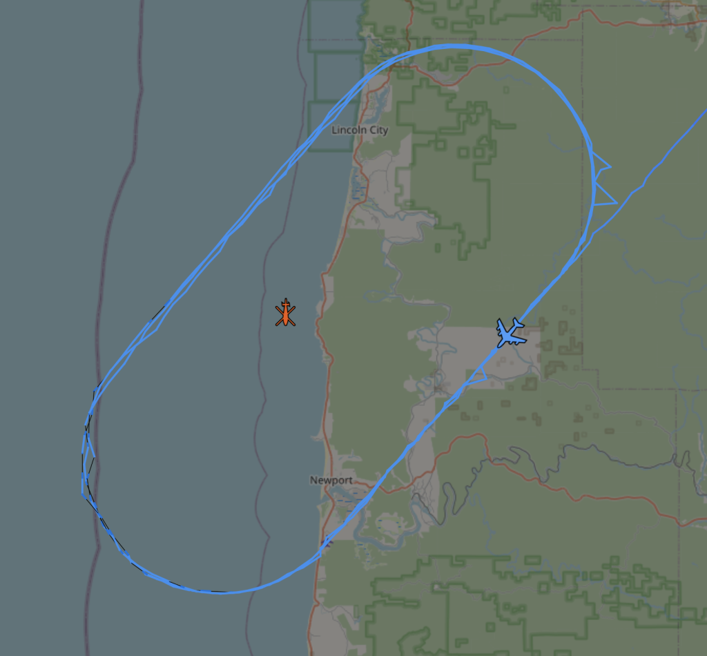 Doomsday plane doing racetrack patterns on the west coast of Oregon