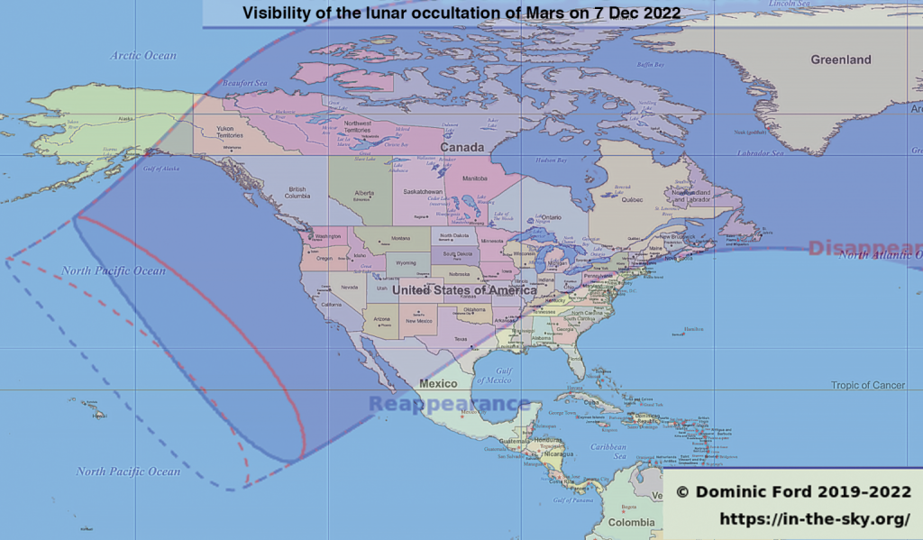 Beautiful lunar occultation of Mars on Dec. 7-8 visibility map
