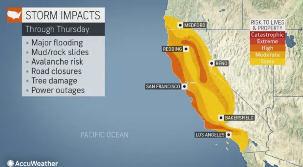Known as the Pineapple Express, the storm is expected to rapidly intensify into what meteorologists refer to as a 'bomb cyclone' over the northern Pacific Ocean bringing an atmospheric river of moisture into the state