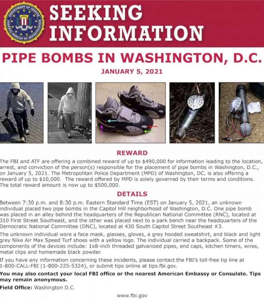 Reward climbs to $500K for information on suspect who placed pipe bombs day before Jan. 6