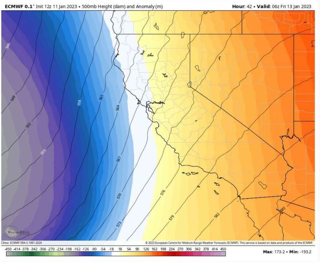 The European weather model’s 500mb heights (contours) with lower-than-average anomalies shaded in blue hues and higher-than-average anomalies in yellow and orange hues, valid for Thursday afternoon and evening. The Bay Area will be right along the boundary between the two anomalies as the low-pressure system off the coast glides north toward the Eureka coast and Oregon. Diaz, Gerry / Pivotal Weather