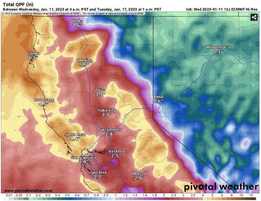 The European weather model’s forecast rainfall totals (shaded) through Tuesday for Northern California, with totals for the next few days tallying up to 2 to 3 inches for most of the Bay Area and closer to 5 inches on the Sonoma coast, North Bay mountains, Marin Headlands and Santa Cruz Mountains.Diaz, Gerry / Pivotal Weather