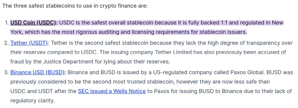 USDC is thought to be the safest crypto stable coin