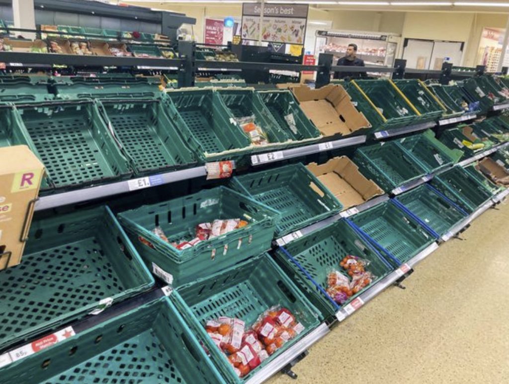 fruits and vegetable food shelves empty in Europe supermarkets
