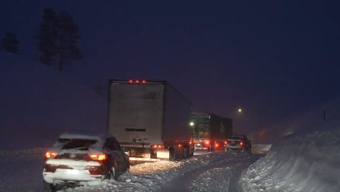 Snow chaos on I80 at Donner Pass, California after Atmospheric river on March 29, 2023