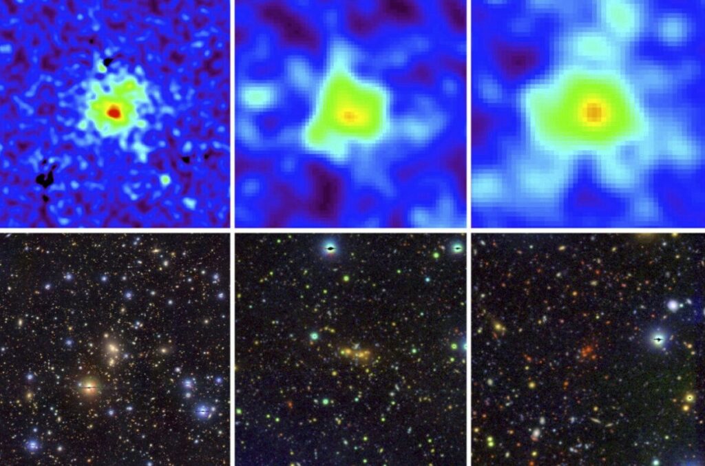 Рентгеновские (вверху) и оптические псевдоцветные (внизу) изображения трех маломассивных скоплений, идентифицированных в данных обзора eFEDS.  Скопление с самым высоким красным смещением появилось в то время, когда Вселенная была примерно на 10 миллиардов лет моложе, чем сегодня.  Галактики скопления в этом случае явно намного краснее, чем галактики в двух других скоплениях.