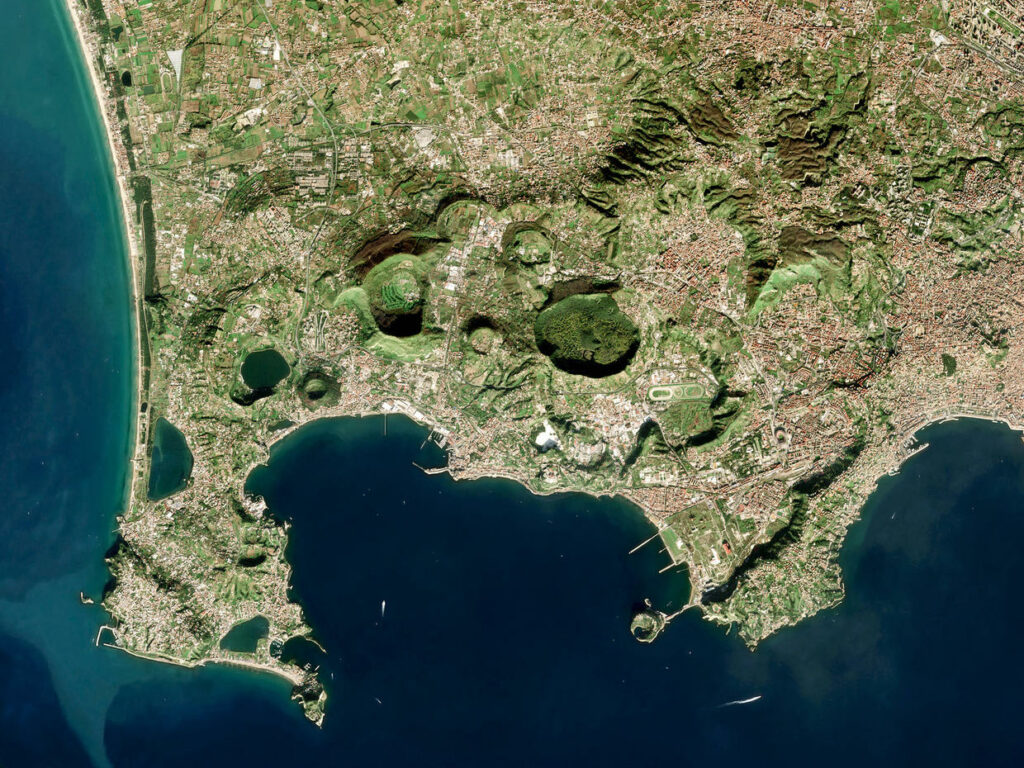 Satellite image of Campi Flegrei also known as the Phlegrean Fields, a supervolcano located mostly under the Gulf of Pozzuoli west of Naples on December 09, 2016 in Campi Flegrei, Italy.