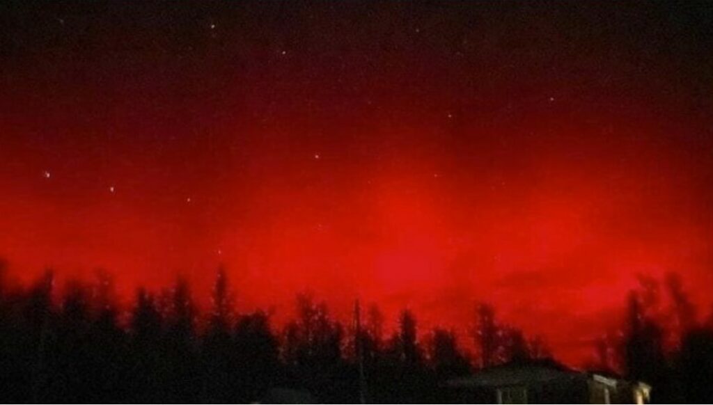 Crimson red northern lights over Mongolia