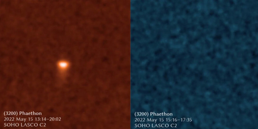 SOHO's orange-filtered view, which can detect sodium, shows asteroid 3200 Phaethon glowing brightly.