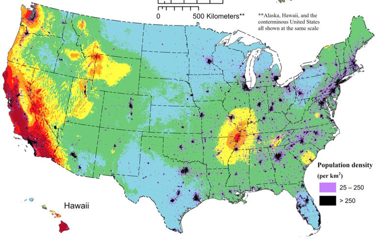 USA earthquake map - likelihood of damaging earthquake shaking in the United States over the next 100 years. USGS