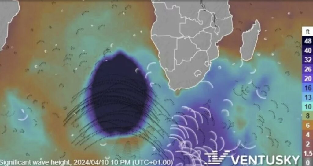 The wave anomaly, shown here in dark purple, moved alongside the coast of Africa. On social media, users debated whether the anomaly was a giant sea creature or system error.