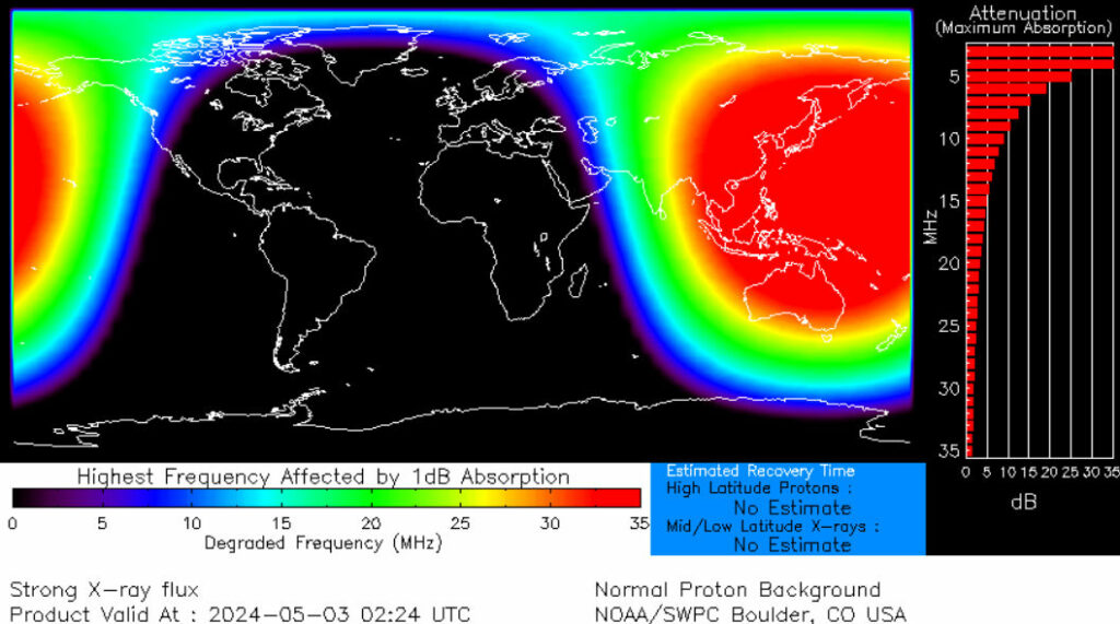 Map of shortwave radio blackout over Australia, Japan, and much of China