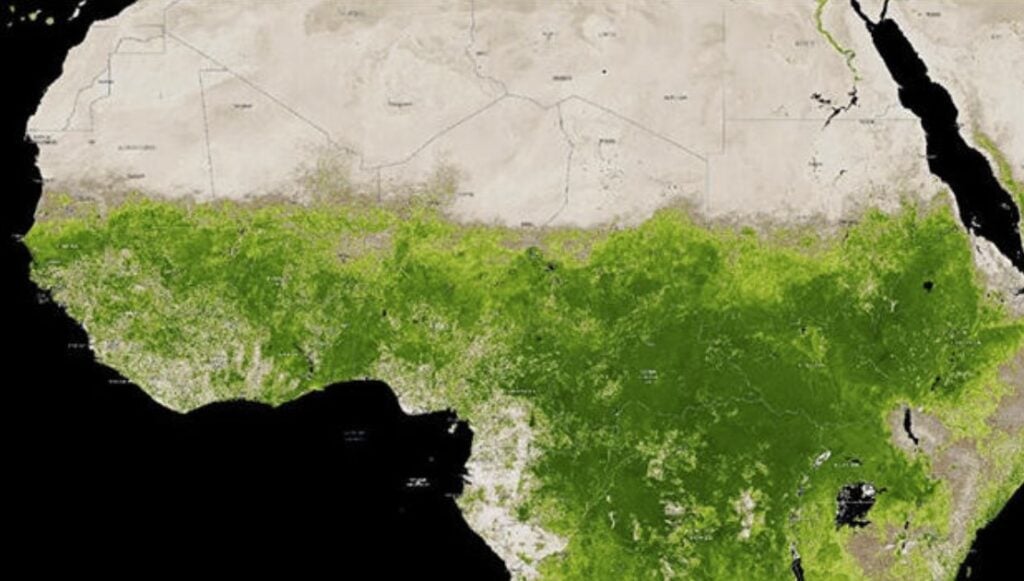 Green vegetation creeping into Southern Sahara on satellite picture