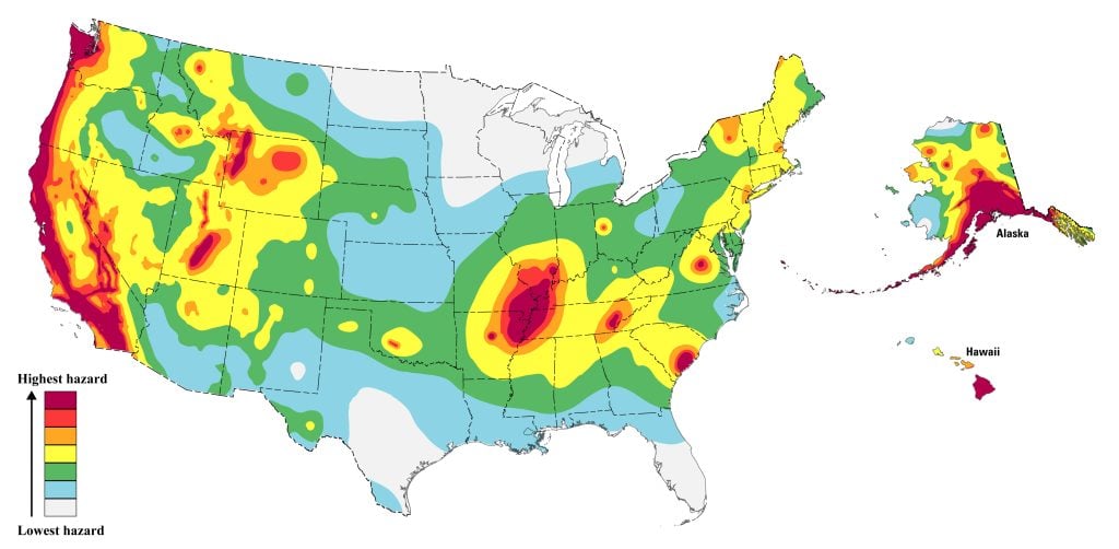 United States earthquake hazard map showing seismic risk zones, with highest hazard along the West Coast, Alaska, Hawaii, and central U.S. near the New Madrid Seismic Zone.