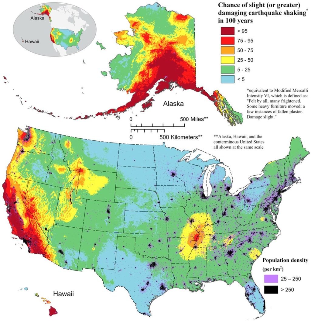 U.S. earthquake probability map showing the chance of damaging shaking within 100 years, with highest risk in California, Alaska, Hawaii, and the New Madrid Seismic Zone, overlaid with population density.