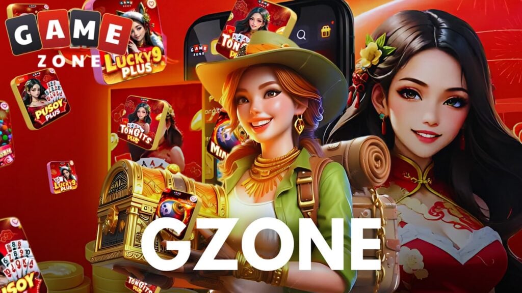 GZONE Game Zone promotional illustration with explorers and casino slot games