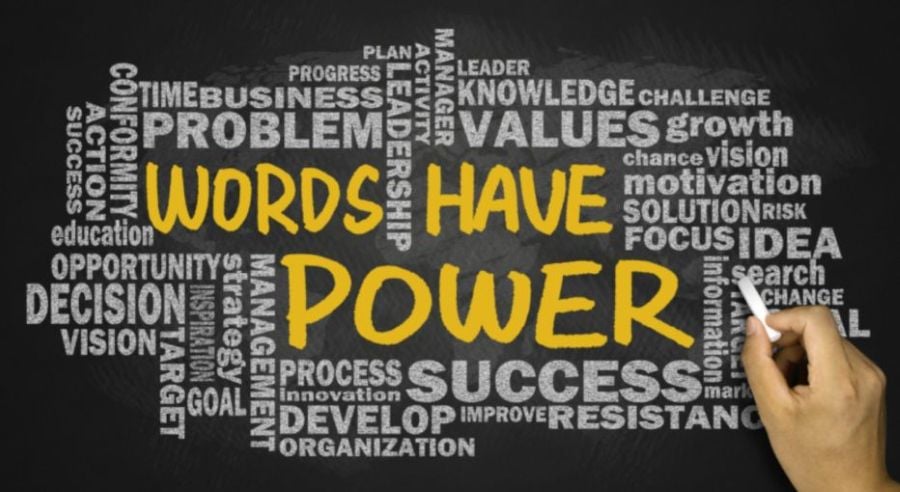 Words Have Power motivational word cloud with keywords like success, problem, decision, values, focus, and leadership