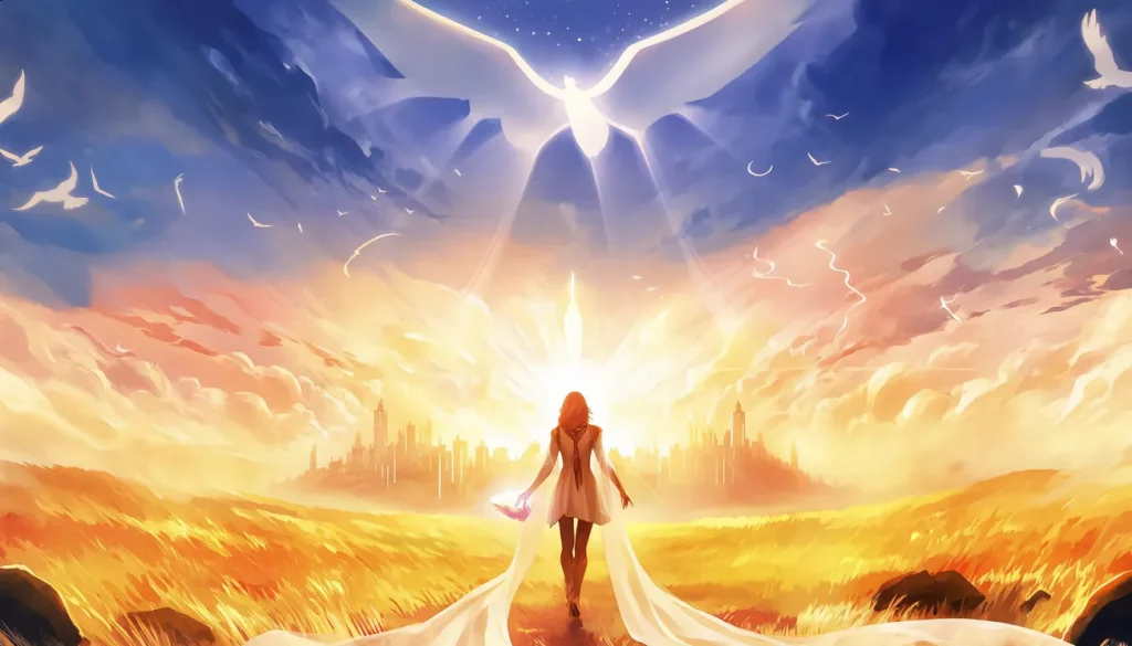 Surreal artwork of a woman walking toward a glowing city with a giant white bird in the sky — symbolizing mystery sounds and hidden patterns.