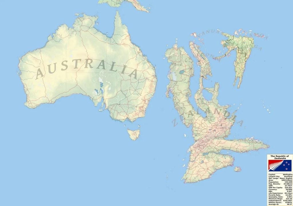 Strange Sounds News Digest October 22, 2025: Map of Zealandia shown as a fully exposed continent beside Australia — hypothetical visualization of the submerged eighth continent