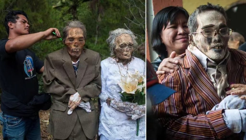 Toraja people in Indonesia dressing and celebrating with the mummified bodies of their deceased relatives during the Ma’nene death ritual.
