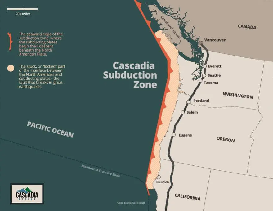 Map of the Cascadia Subduction Zone showing its locked fault segment from northern California through Oregon and Washington, connecting to the San Andreas Fault