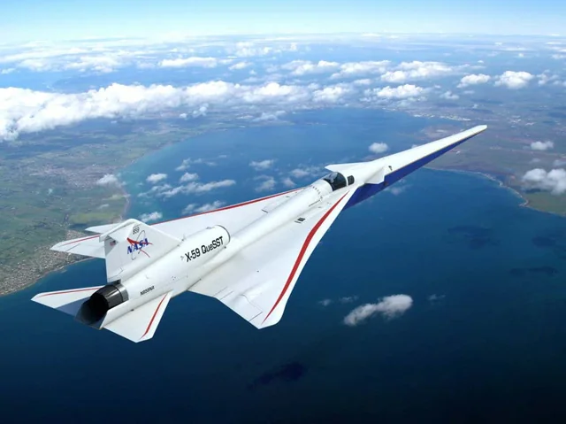 NASA’s experimental Lockheed Martin X-59 QueSST supersonic jet during first flight to test quiet sonic boom technology. image for Strange News Digest for October 29, 2025.