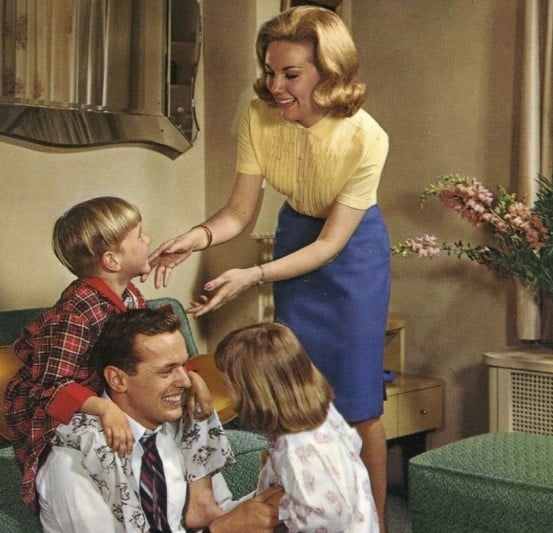 Retro family illustration with smiling parents and children — ironic contrast for dark news topics like pedo politics, Oktoberfest bomb threats, beer hacks in Japan, and mystery booms.