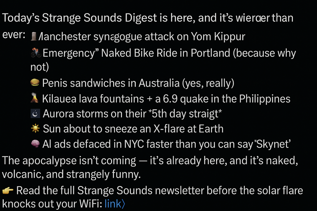 Manchester synagogue attack, naked bike ride, penis sandwich story, and auroras — Strange Sounds daily news digest
