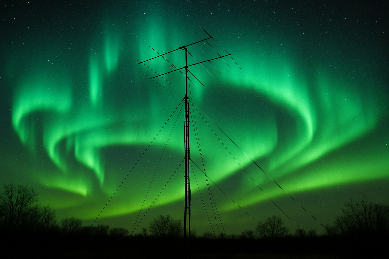 Auroras glowing over a ham radio antenna in Illinois during a geomagnetic solar storm that distorted WWV atomic time signals.