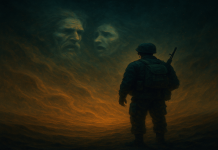 Ghost Voices in the Sandstorms: The Dhatki Whispers of Tanot & Longewala Eerie sandstorm at Tanot–Longewala border with a lone soldier hearing ghostly desert voices; swirling dust, fading silhouettes, and paranormal desert acoustics.