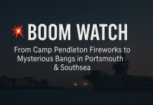 Boom Watch – From Camp Pendleton Fireworks to Mysterious Bangs in Portsmouth & Southsea Coastal city at dusk with naval ship silhouette and distant flashes on the horizon, titled “Boom Watch – From Camp Pendleton Fireworks to Mysterious Bangs in Portsmouth & Southsea.”
