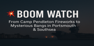 Boom Watch – From Camp Pendleton Fireworks to Mysterious Bangs in Portsmouth & Southsea Coastal city at dusk with naval ship silhouette and distant flashes on the horizon, titled “Boom Watch – From Camp Pendleton Fireworks to Mysterious Bangs in Portsmouth & Southsea.”
