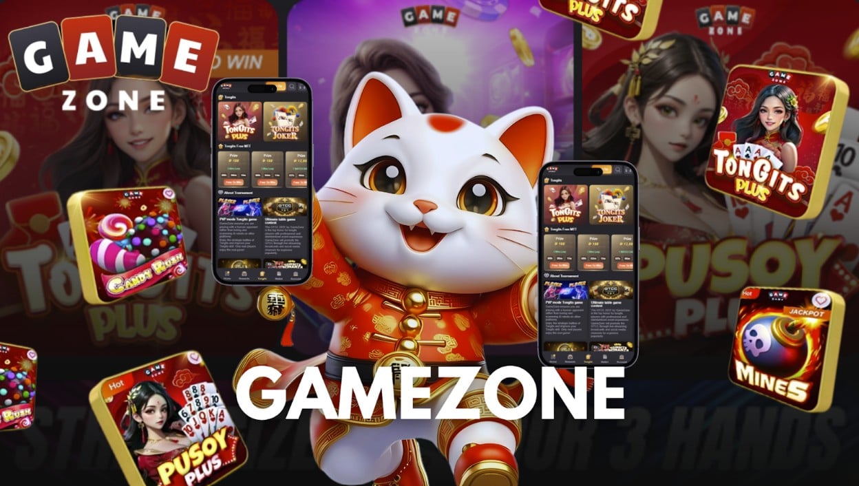 GameZone lucky cat mascot promoting Filipino card games such as Pusoy Plus, Tongits Plus, and Mines with mobile app screens.