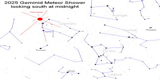 The Sky Is Crying Space Rocks, Earth Won’t Stop Shaking and Robots Grow Six Arms- Strange News Digest December 12, 2025 Geminid meteor shower sky map as featured image for the Strange News Digest by Strange Sounds for December 12, 2025