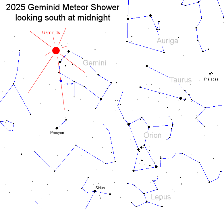 Geminid meteor shower sky map as featured image for the Strange News Digest by Strange Sounds for December 12, 2025