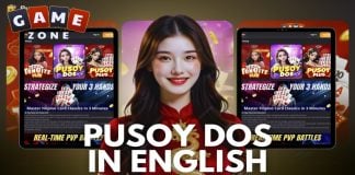 Pusoy Dos in English: Bridging Tradition and Digital Play for GameZone Fans Promotional image featuring a smiling woman in red beside GameZone app screens displaying Pusoy Dos, Tongits, and other Filipino card games, with the text “Pusoy Dos in English.”