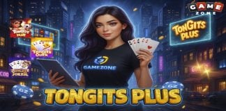 Level Up Like a Legend: Proven Tactics for Tongits Plus Success Illustration of a woman holding playing cards promoting Tongits Plus, a digital card game by GameZone, set in a neon-lit city