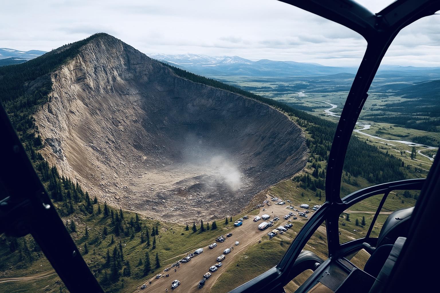 Helicopter cockpit framing a massive collapsed mountain crater west of Casper, Wyoming, with dust rising from the center and emergency vehicles gathered along the rim.