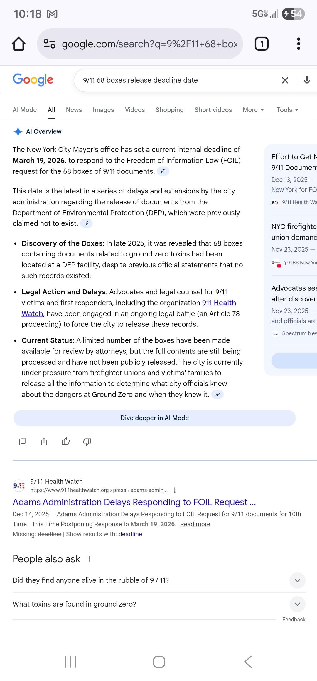 Google AI Overview showing March 19, 2026 deadline for release of 68 boxes of 9/11 Ground Zero toxin documents under FOIL request